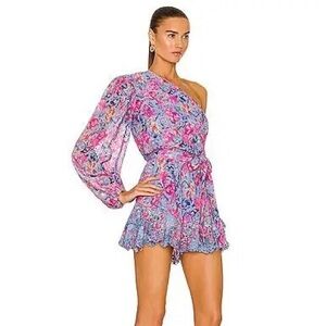 HEMANT & NANDITA Vibrant Pink and Blue One-Shoulder Mini Dress